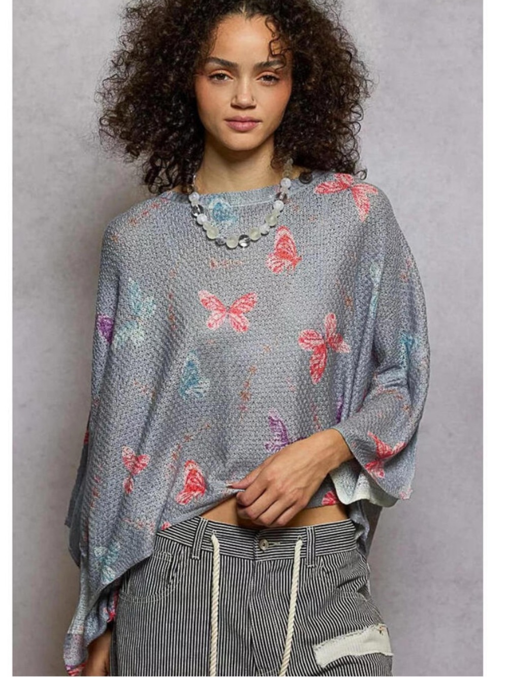 POL Gray Knit Top with Pink & Aqua Butterfly Print - Picture 4 of 5